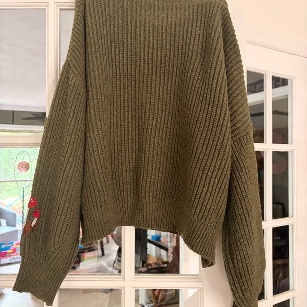 ROMWE Olive Green Crewneck Sweater with Embroidered Mushrooms - Picture 4 of 4